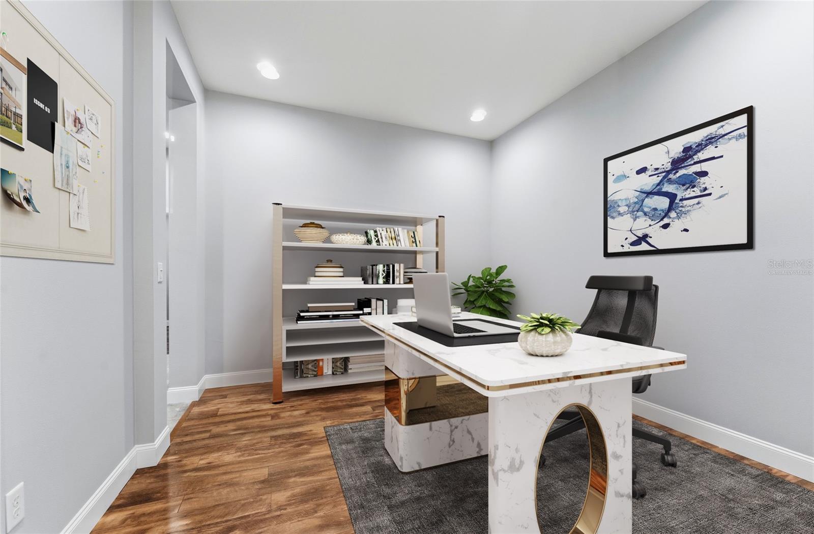 Virtually staged. Office/den off foyer