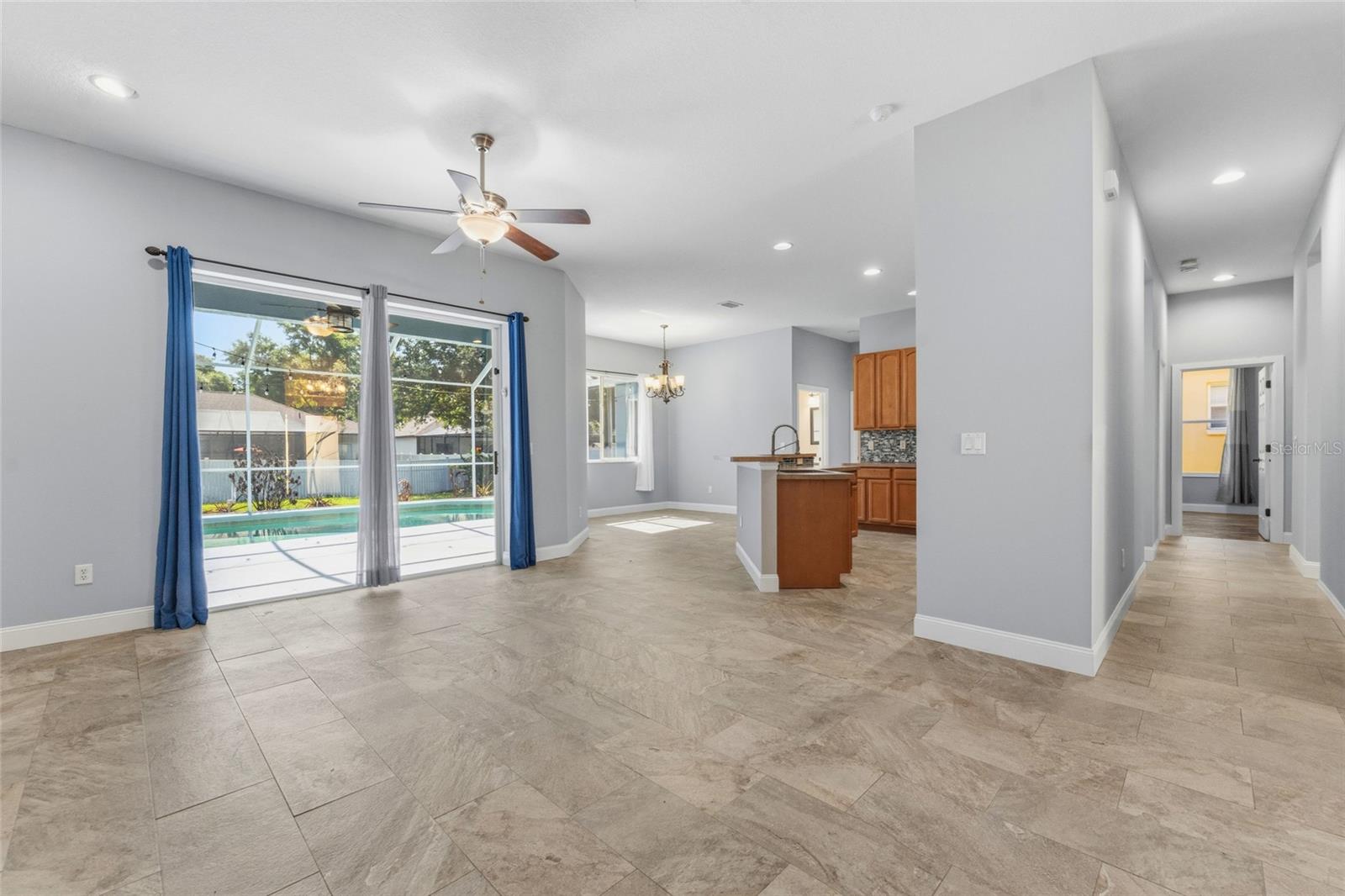 View from the living room towards the kitchen and casual dining area
