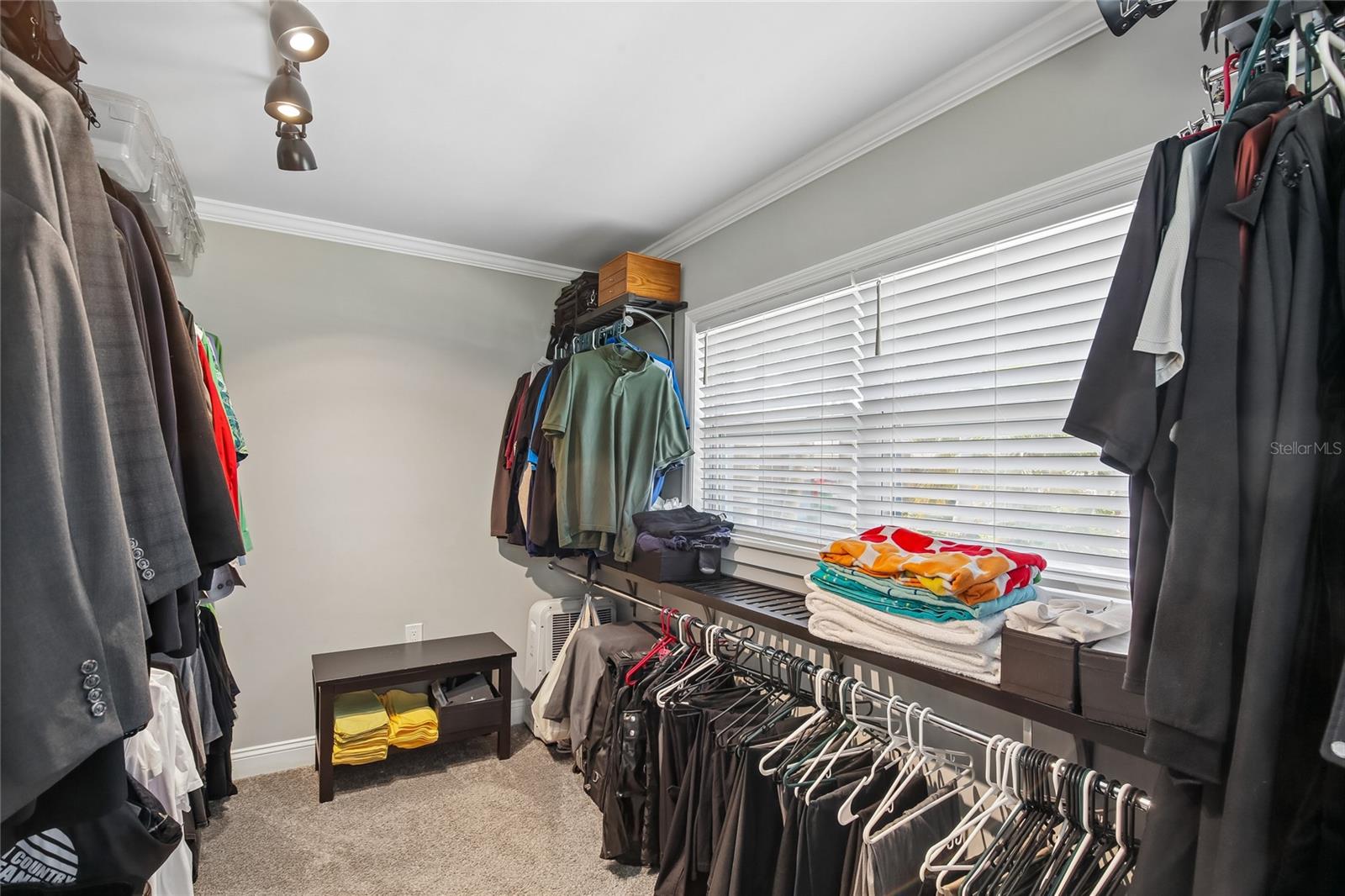 Primary Walk-In Closet – The oversized primary walk-in closet offers an impressive amount of hanging and storage space, with a wide layout, built-in organization, and a window that brings in natural light. Carpeted flooring and overhead lighting add comfort and function to this well-designed storage area.