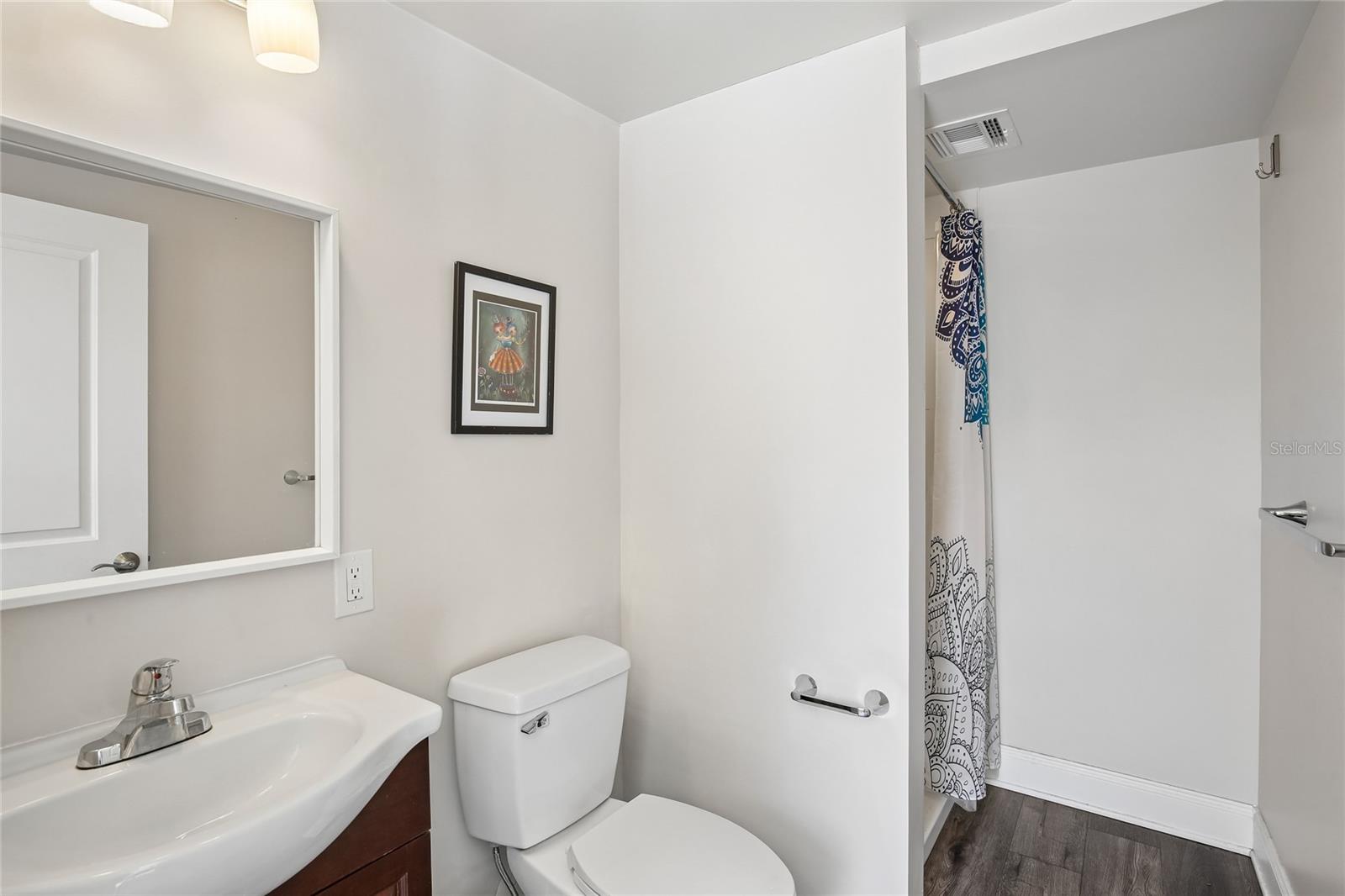 Third Bathroom – The third bathroom features a clean vanity area, neutral finishes, and wood-look flooring for a cohesive feel. A separate tub/shower area adds practical function for guests or poolside use.