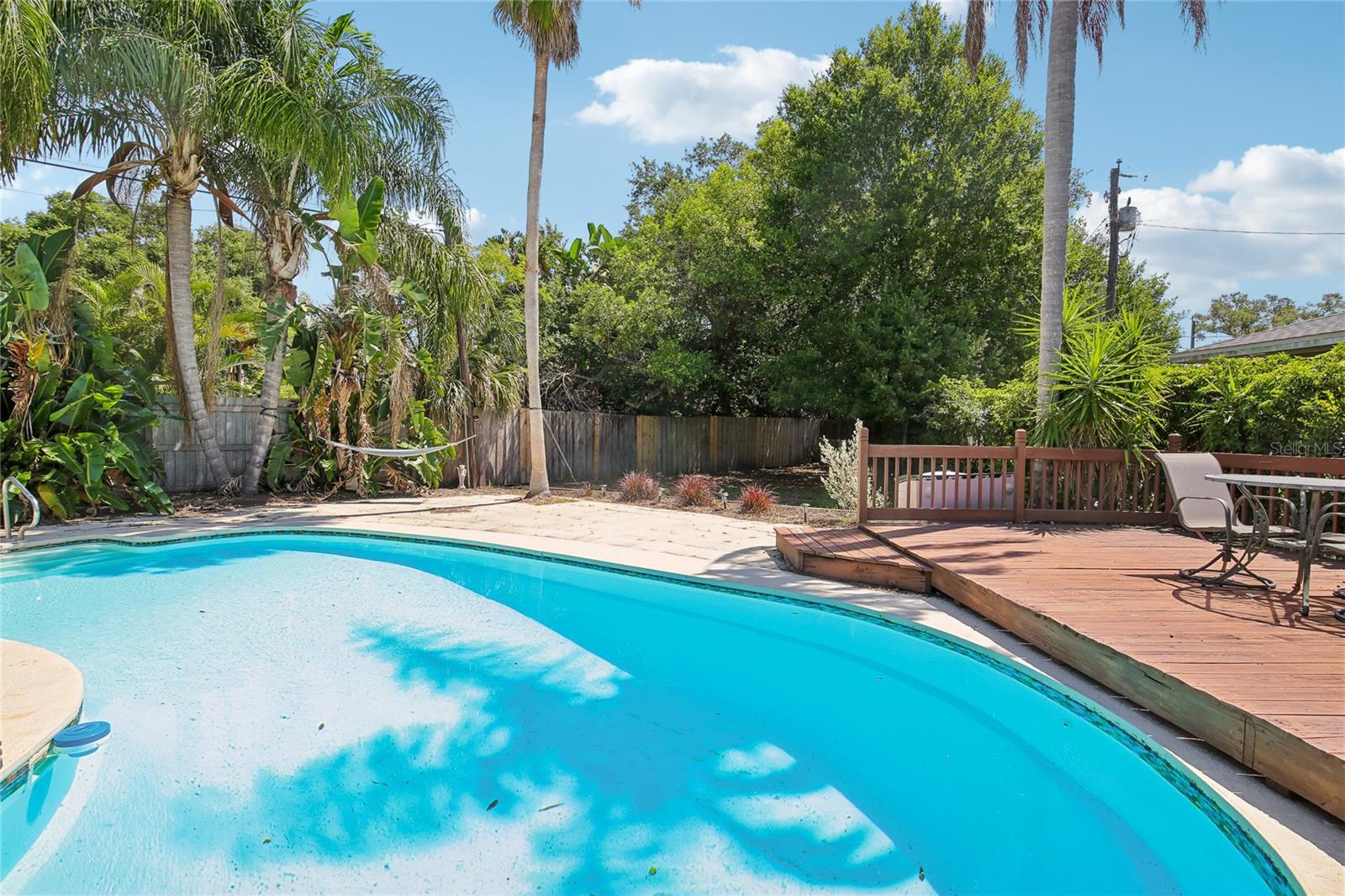 Pool & Deck Area – The backyard features a sparkling pool surrounded by mature palms and tropical landscaping. A raised wood deck provides space for outdoor seating and relaxing poolside.