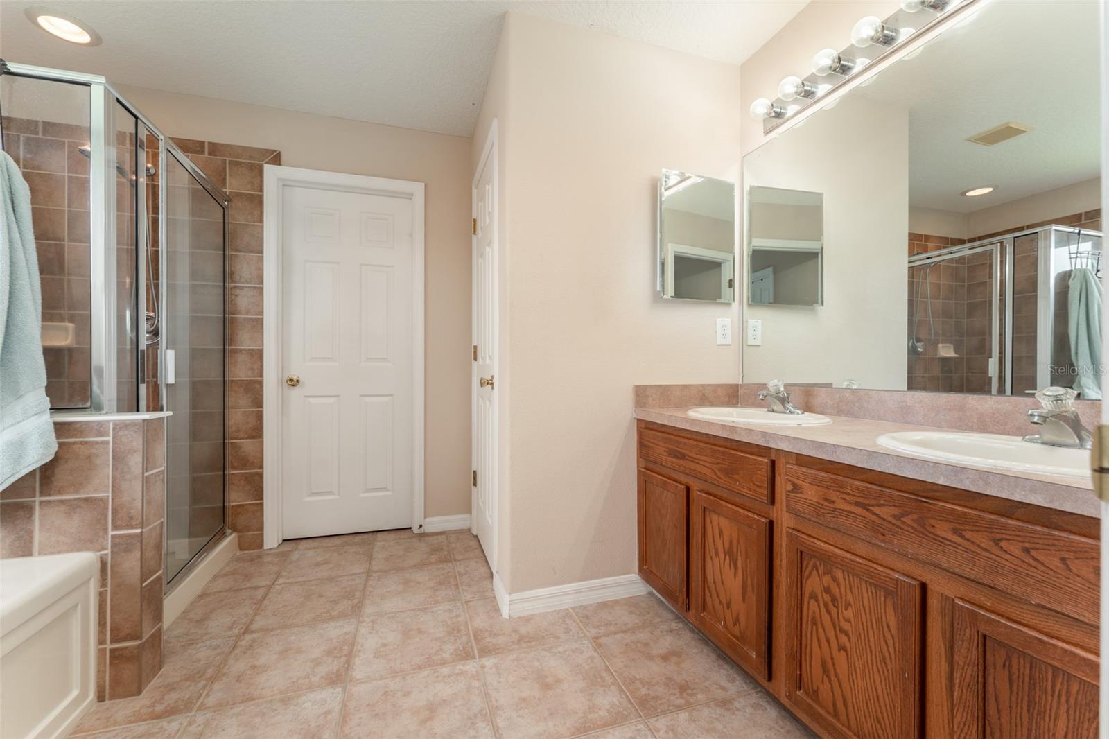 primary bath with dual sinks, soaking tub, separate shower stall, water & linen closets