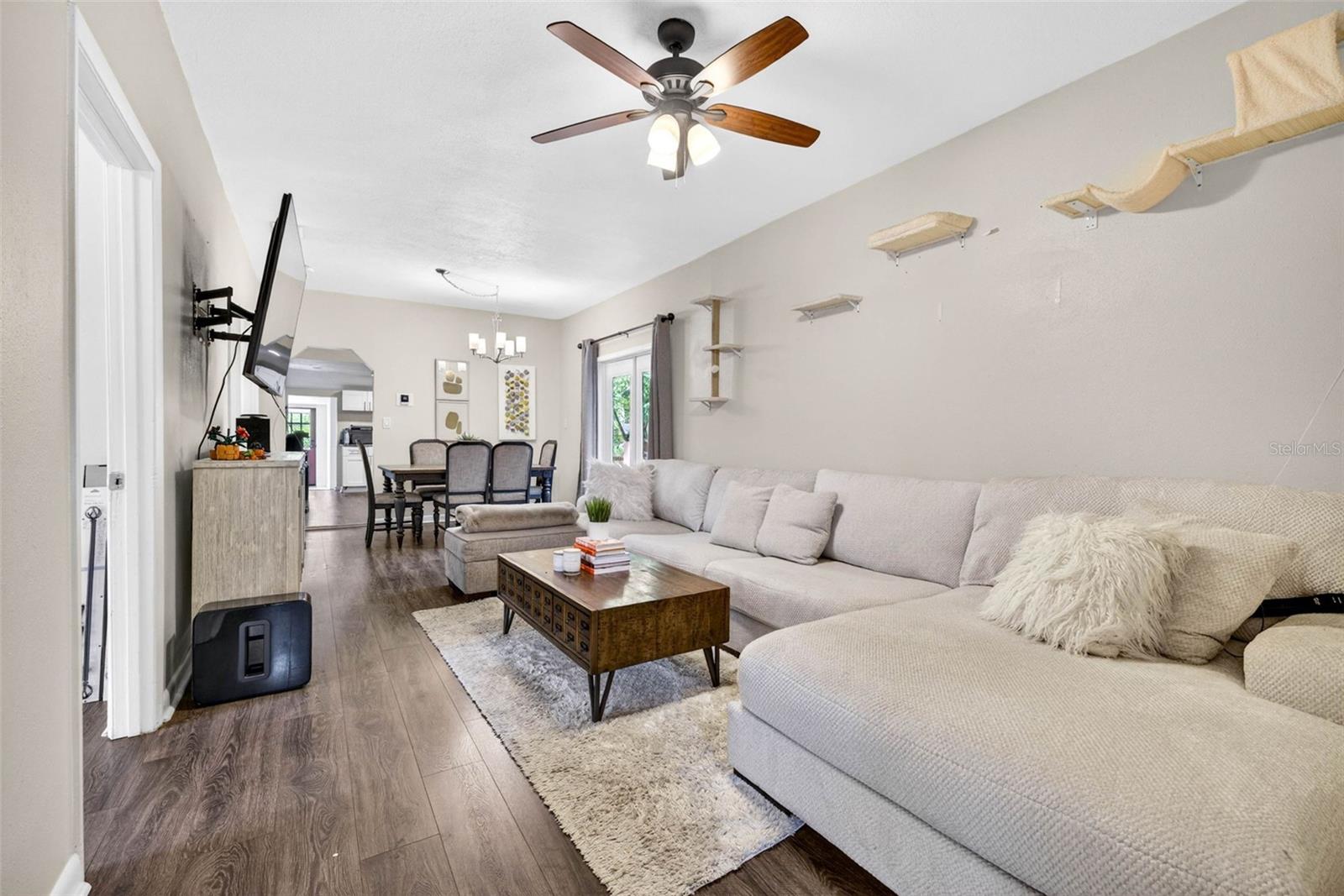 Living room with french doors leading to rear porch