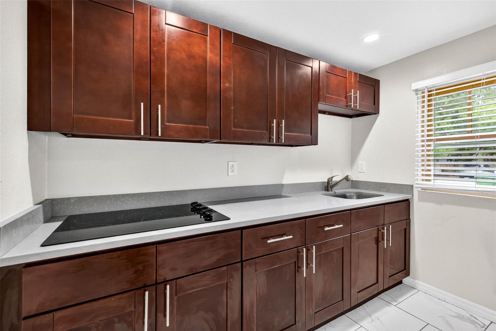 solid wood cabinets, quartz counter tops, and sink.
