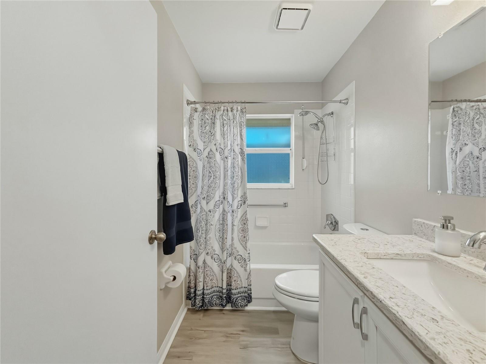 Hall bath with modern cabinetry, lighting and granite counter. Also a fabulous linen closet!