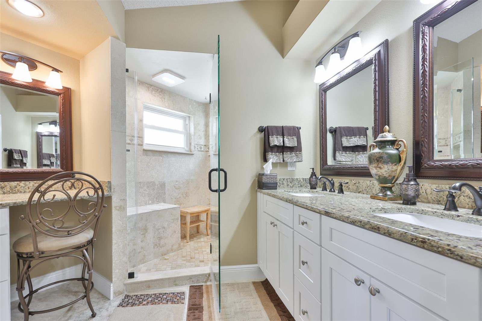 Luxury Master Bath, Dual High Top Cabinetry, Walk In Tile Shower & Separate Make-up Area