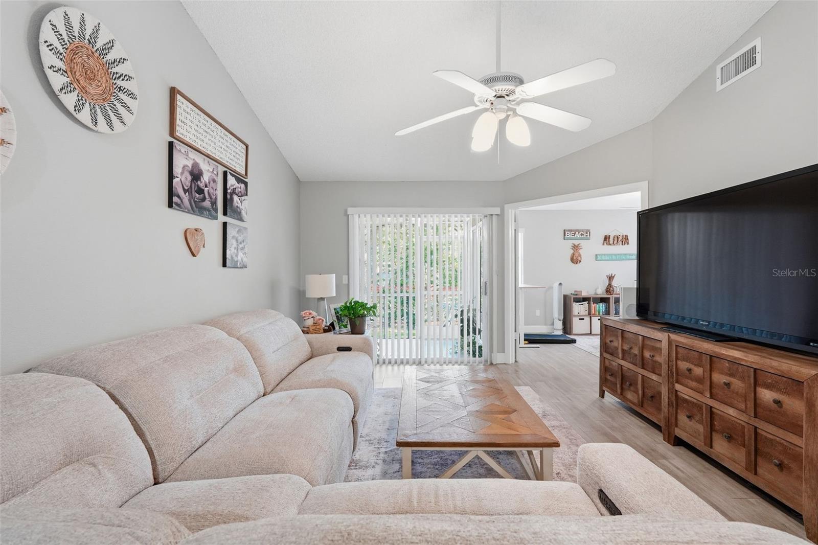 Family room with oversized sofa.