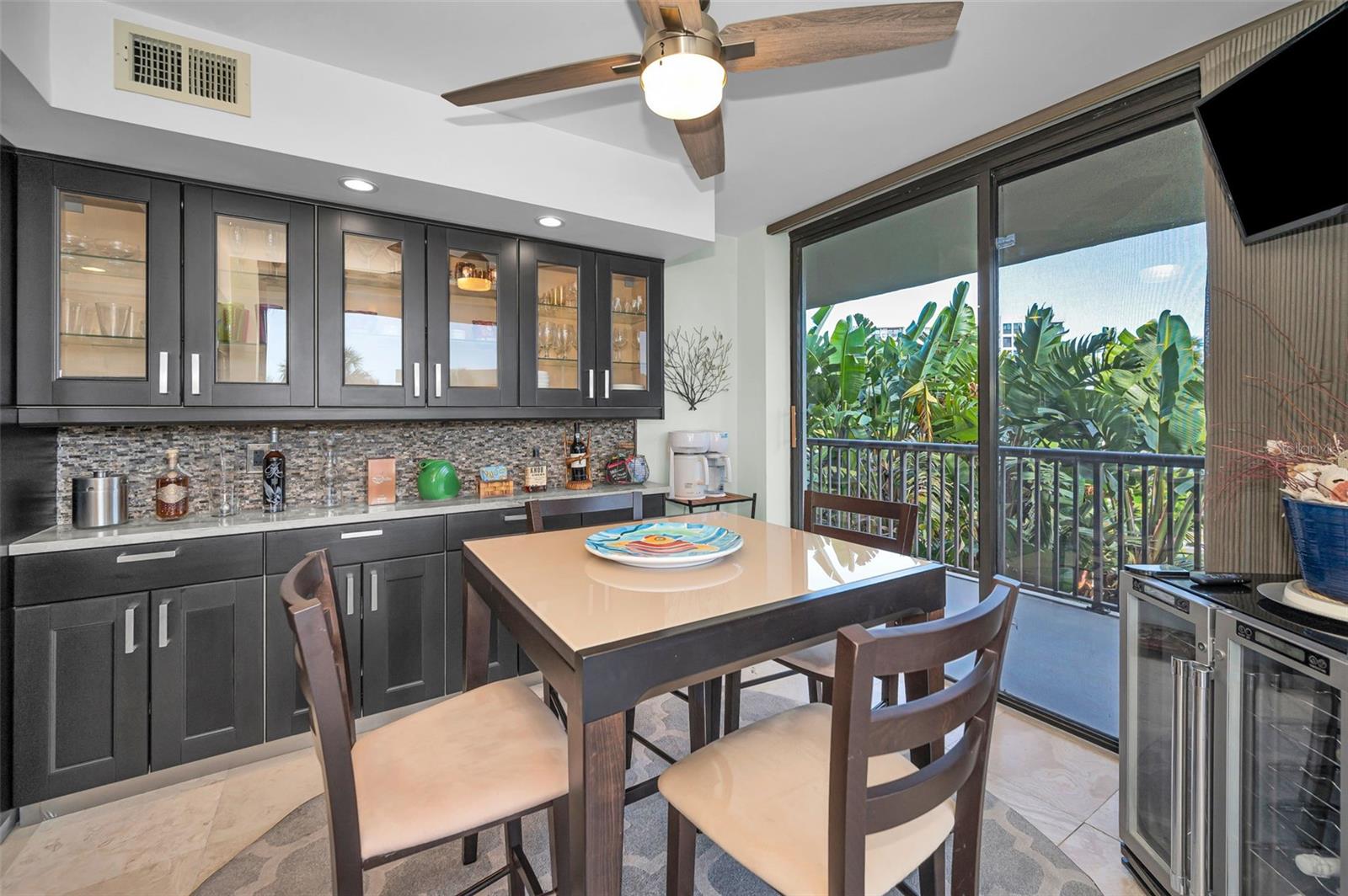 Dining area with built in Buffet, upper cabinets and Prep Counter