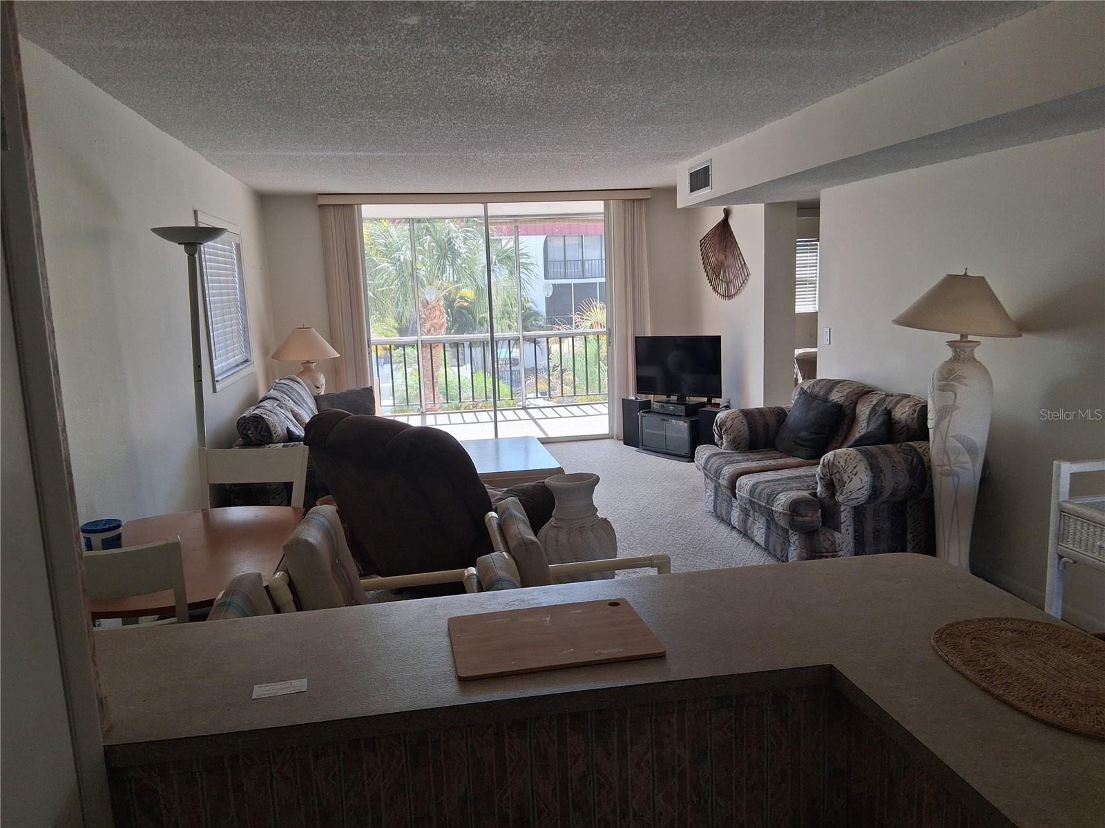 Standing in kitchen looking into living room and screen porch