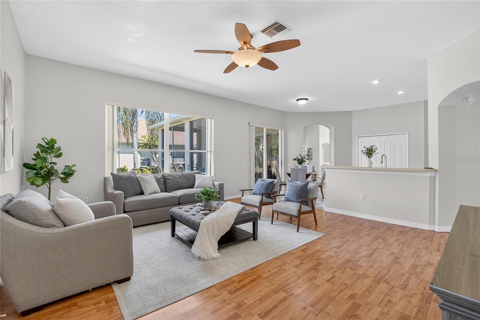 The family room and kitchen