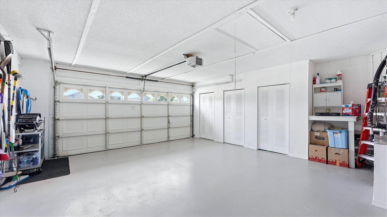 OVERSIZED TWO CAR GARAGE WITH BUILT IN STORAGE CLOSETS