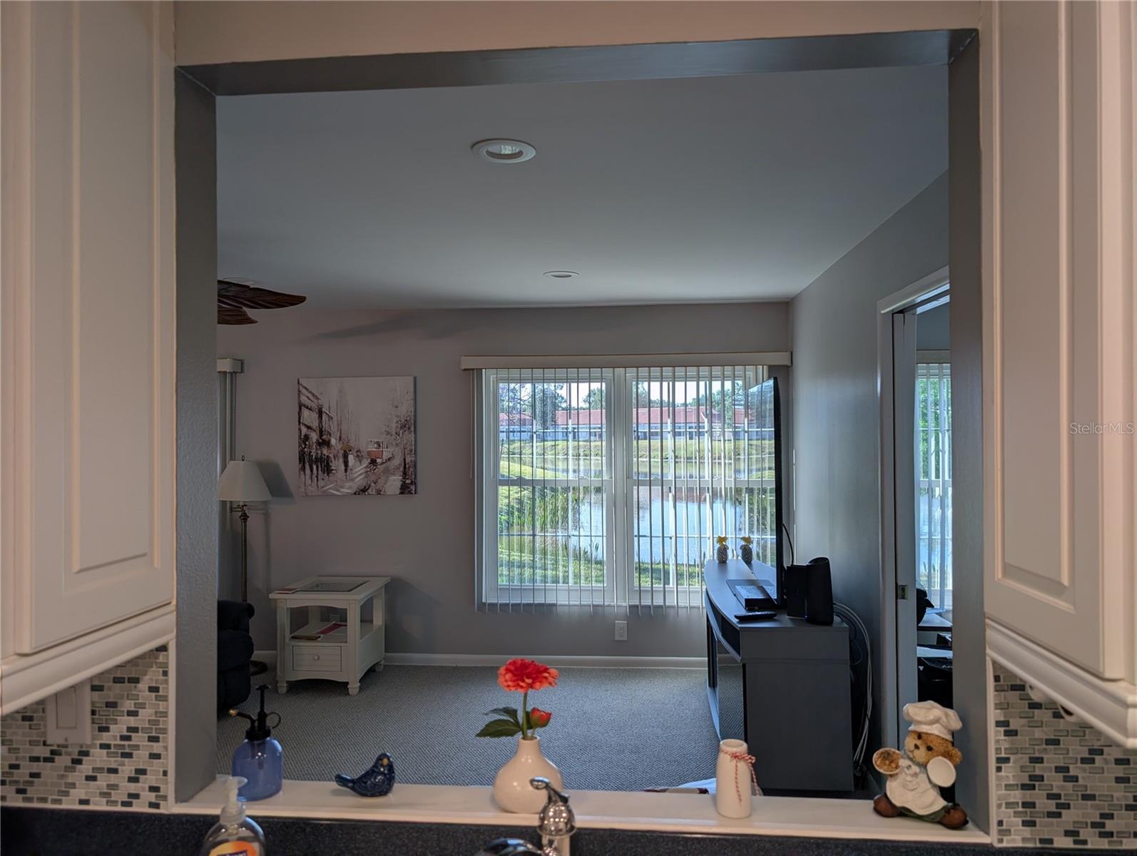 View from Kitchen pass thru window into Florida room.