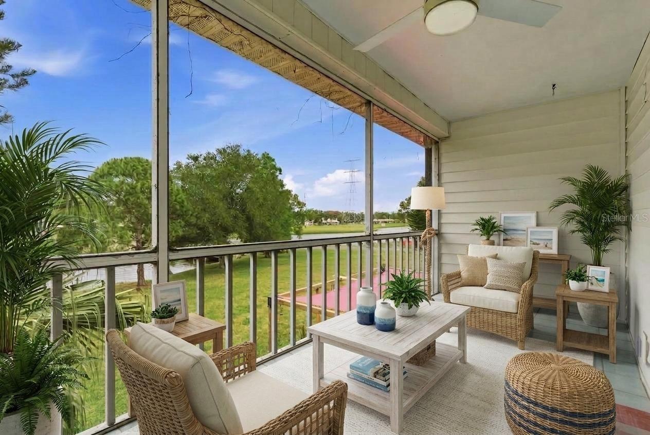 large screened balcony off the primary suite creates a peaceful outdoor retreat with elevated pond and green-space views. Enjoy coffee, or simply mediate in peace.