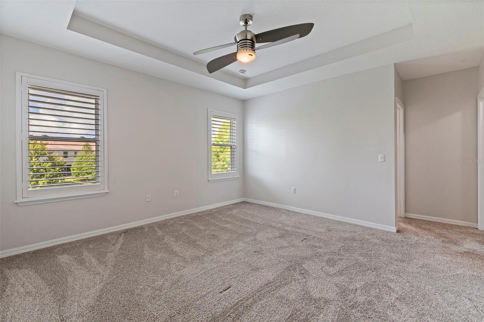 Primary bedroom with tray ceilings