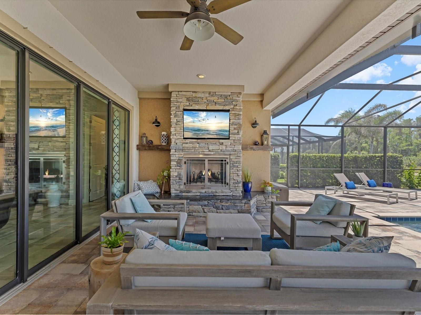 Outdoor gas fireplace and seating area