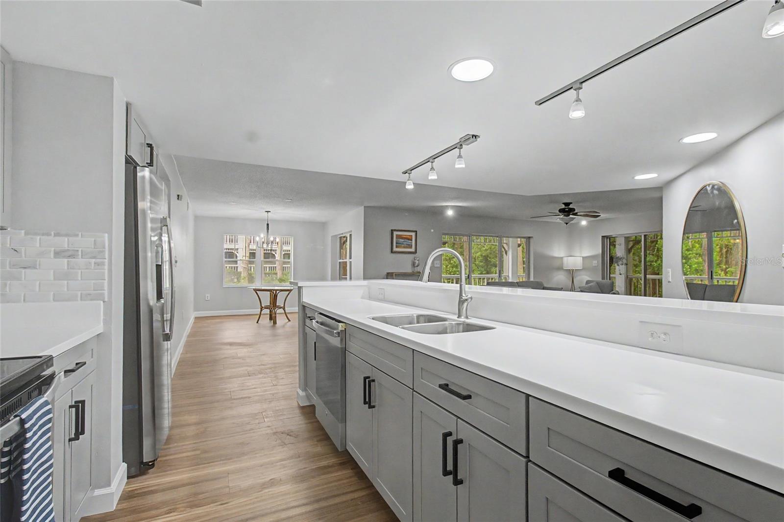 Kitchen with View of Dining and Living Room