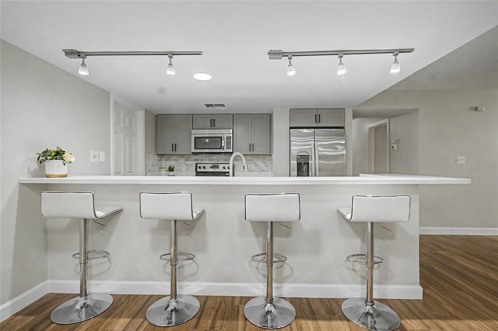 Kitchen with Breakfast Bar, ample room for a Buffet Table, etc. Open to Living Room/Dining Room