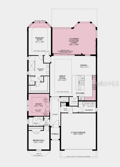 Floor Plan - Additional Highlights Include: tray ceiling package, 4' garage extension, pocket sliding glass door in the great room, wood plank flooring extended into the primary suite and closet, 8' interior doors, and outdoor kitchen rough-in