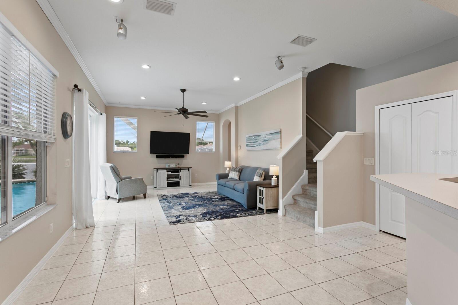 Views from casual dining area into family room