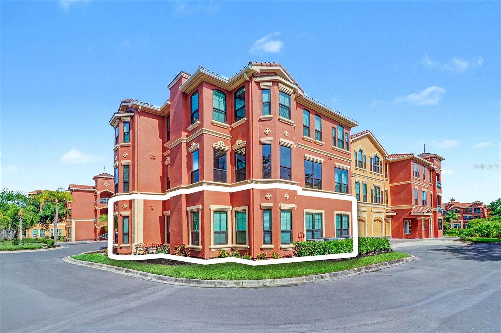 Highlighted condominium shows how it wraps around the corner