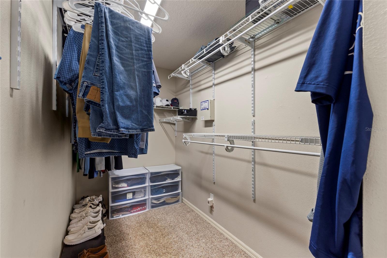 Walk-in closet with built-in wire shelving, multiple hanging areas, upper storage shelving, and carpeted flooring. Functional layout provides space for clothing organization, shoes, and additional storage.