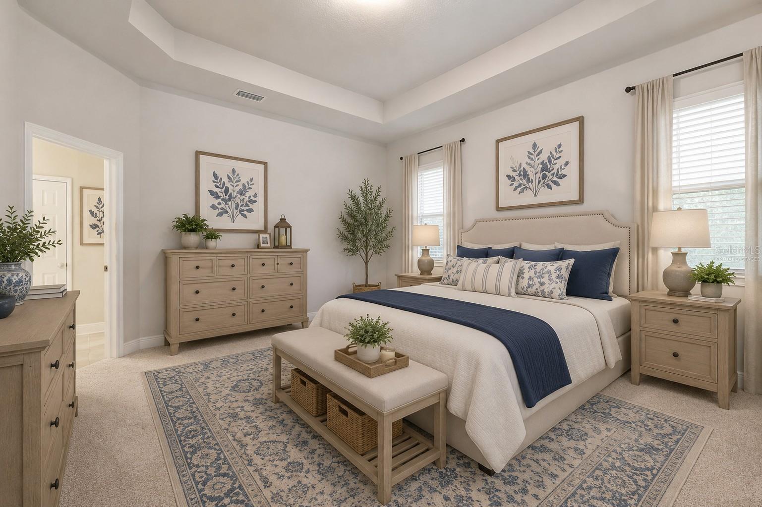 Master bedroom with trey ceiling (virtually staged)