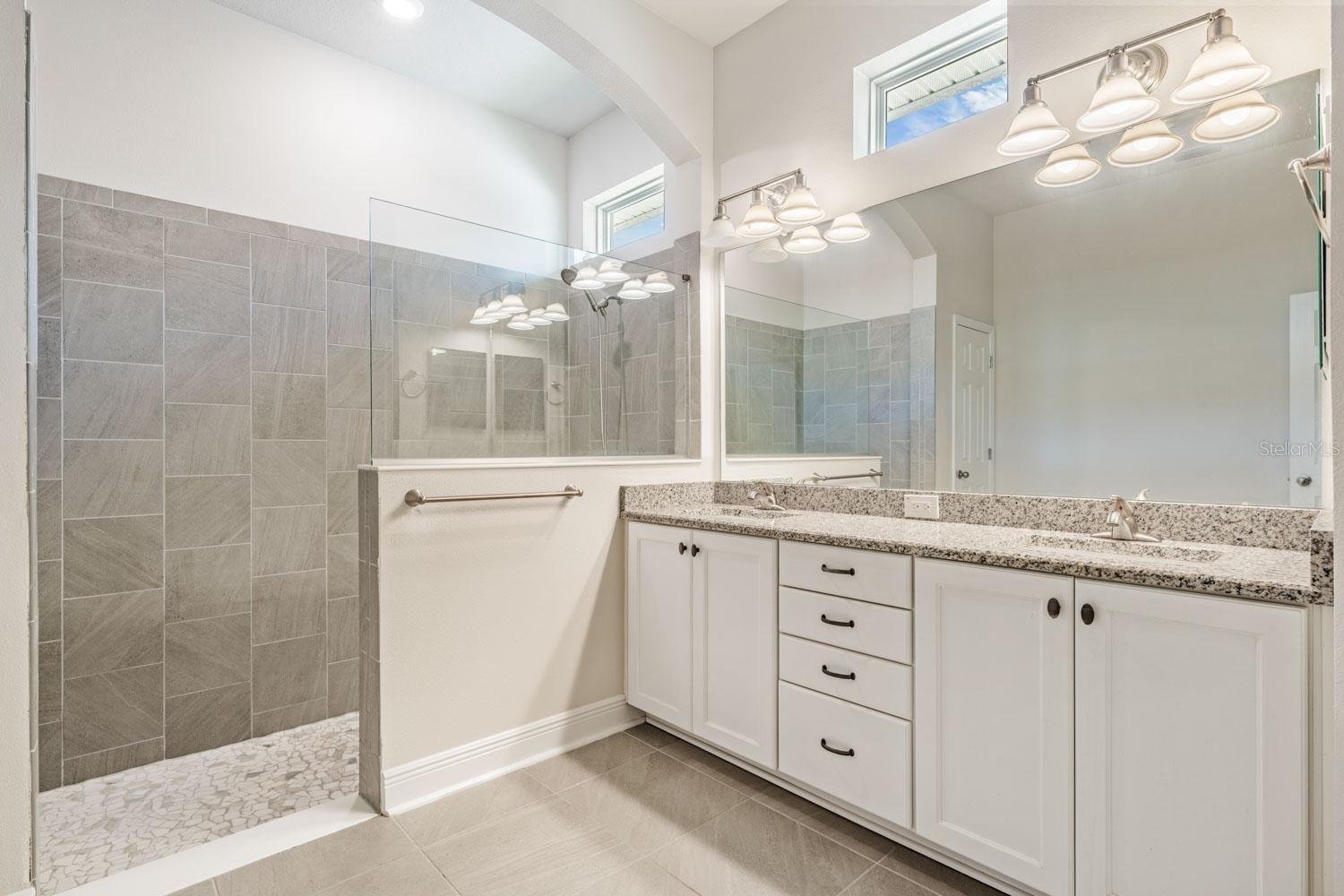 Walk-in shower and granite countertops