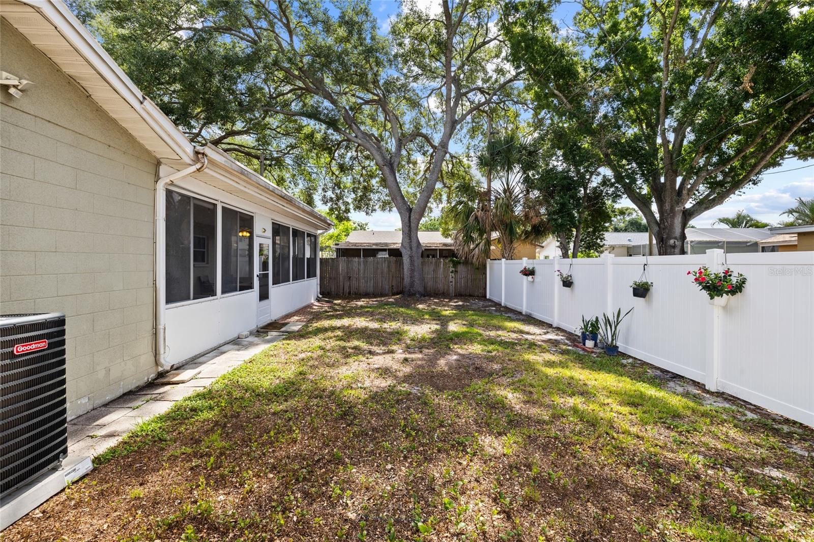 Spacious backyard with brand new vinyl fence