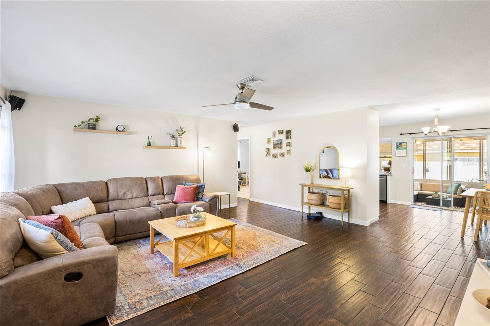 Living space flows into dining area and kitchen