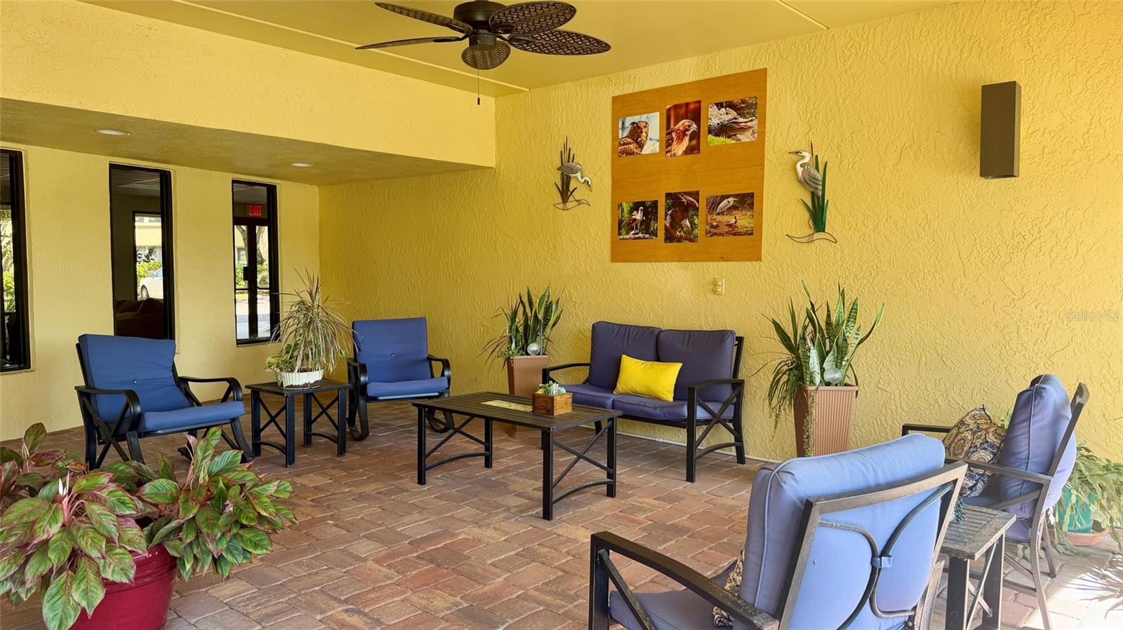 Sitting area in front of building.
