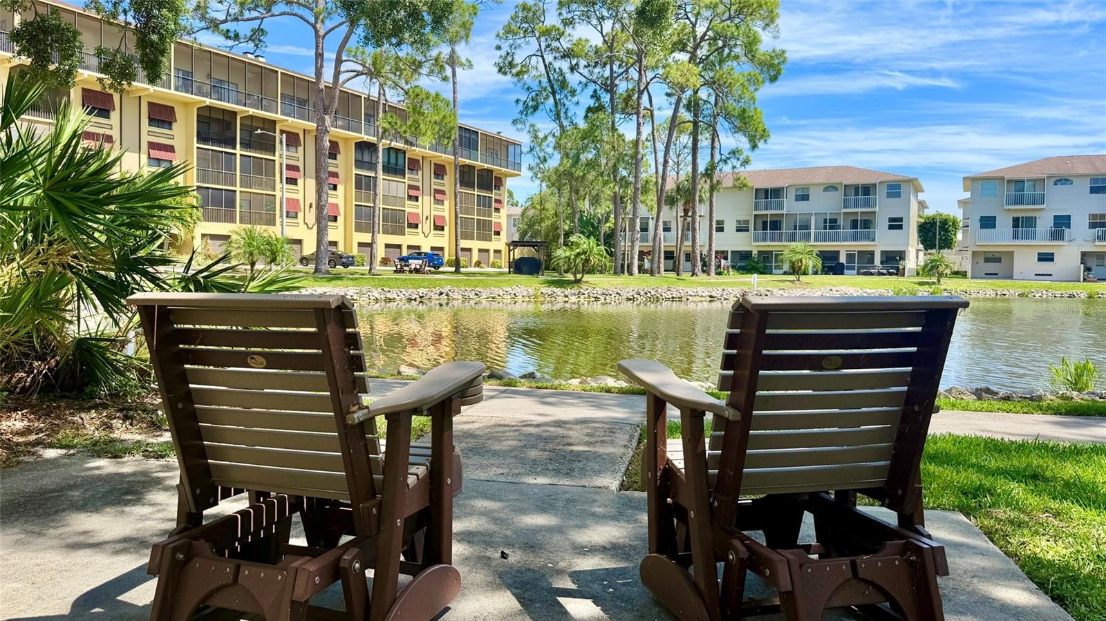 Multiple sitting areas around the pond.