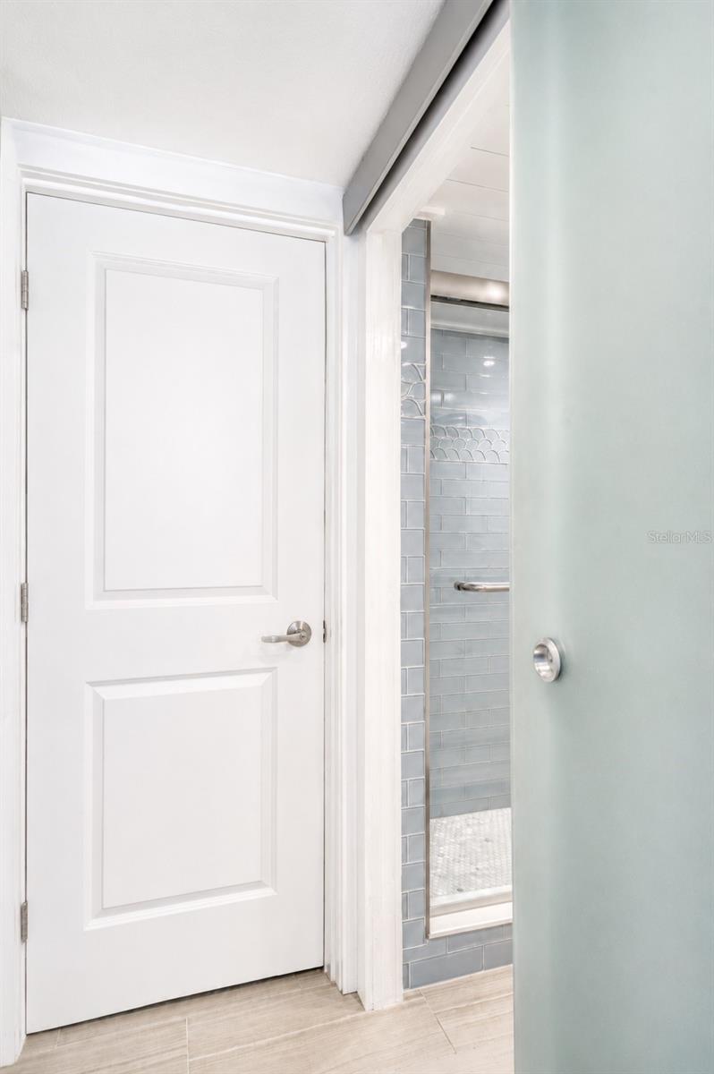 Custom glass barn door, leading into the bathroom.