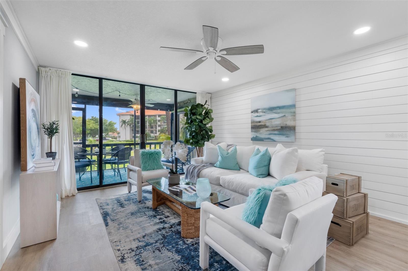 Living Room with high ceilings and luxury vinyl floors