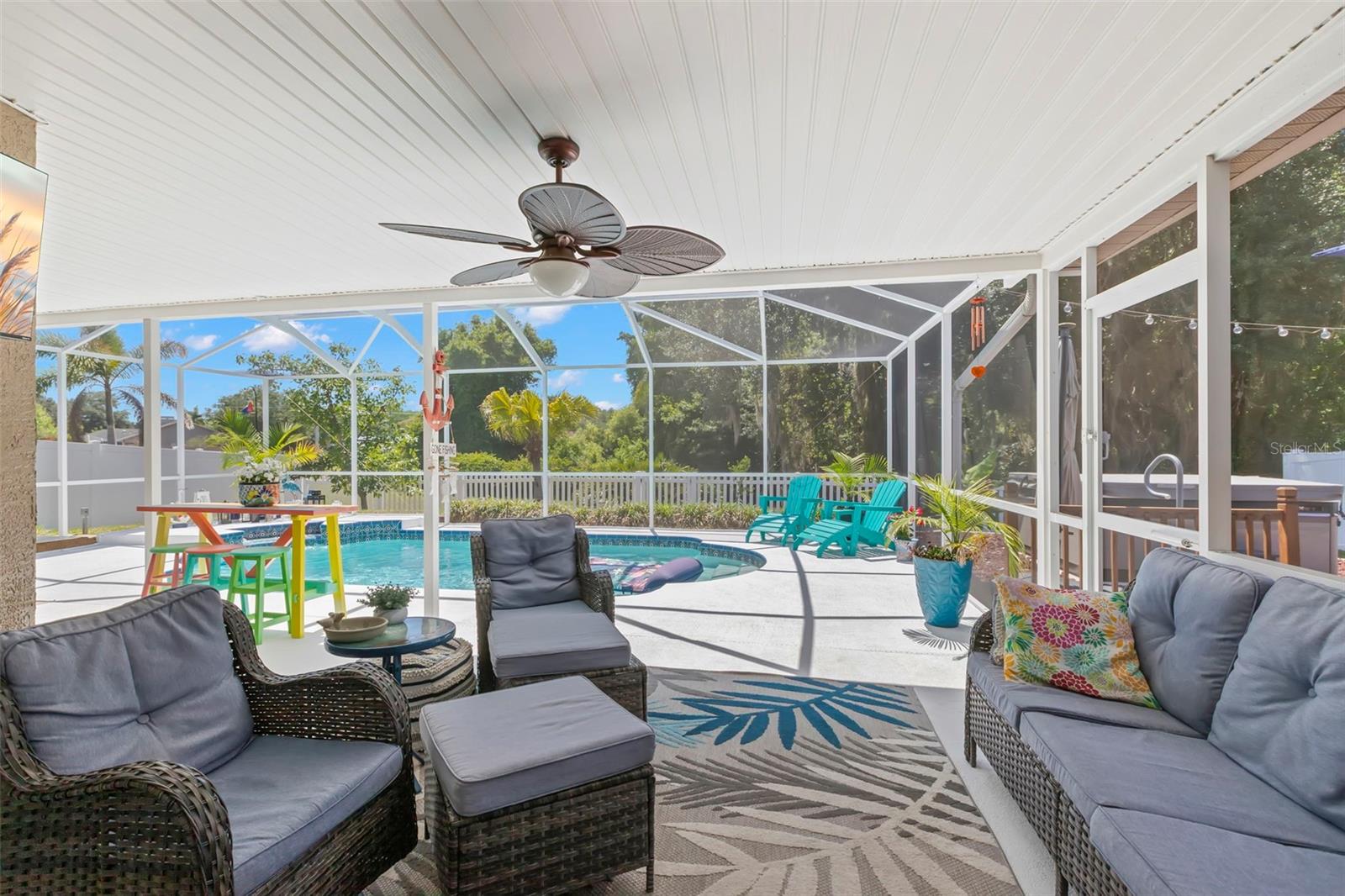 Covered lanai with ample space for outdoor living and dining