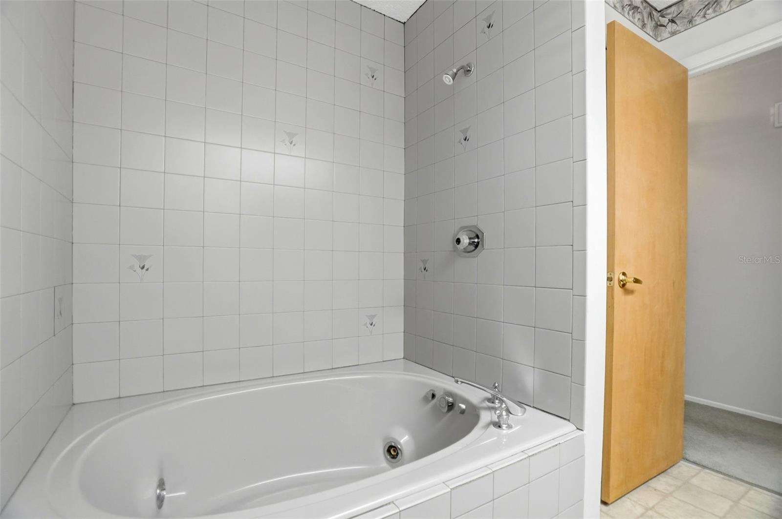 Guest bathroom has a jetted garden bath tub.