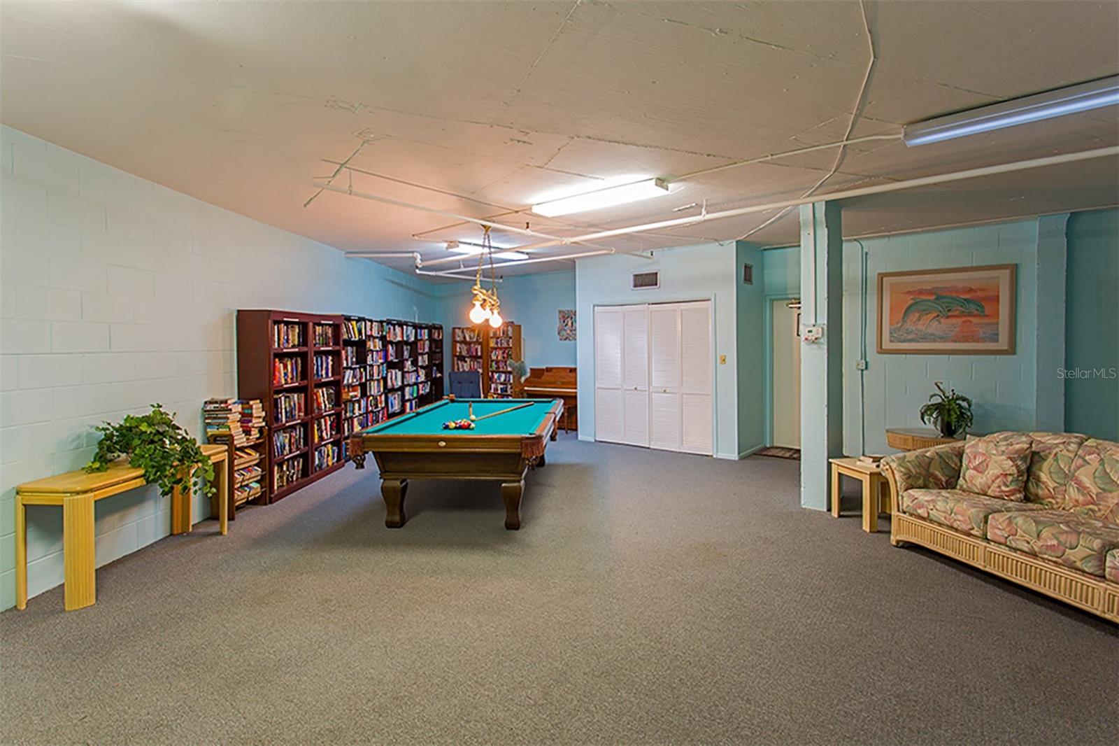 Community Game room with billiard table, TV, library and refrigerator.