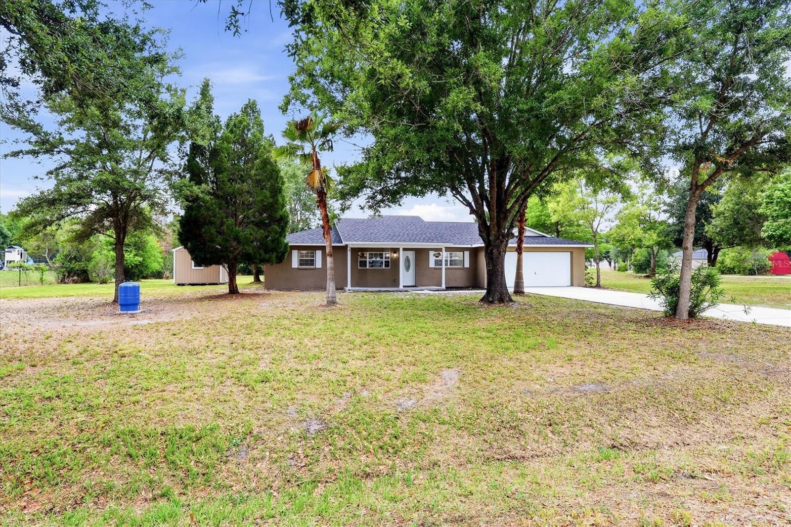 Large front yard with mature trees