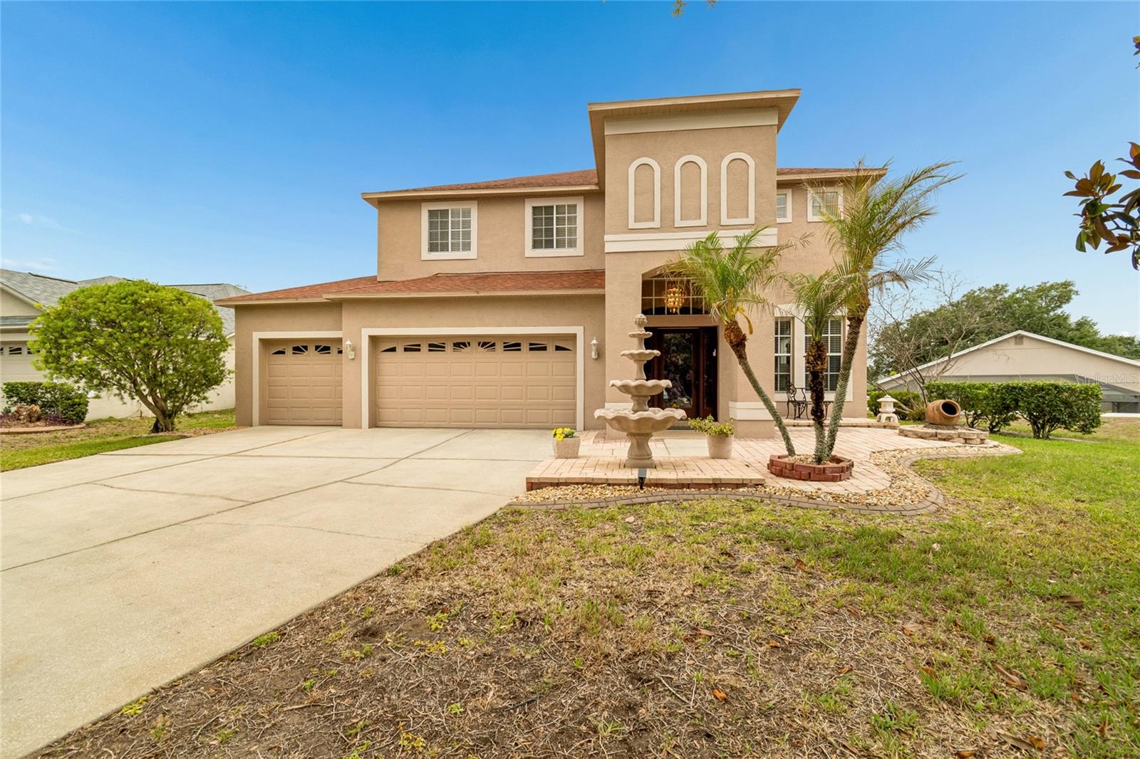 Front view of 3 car garage