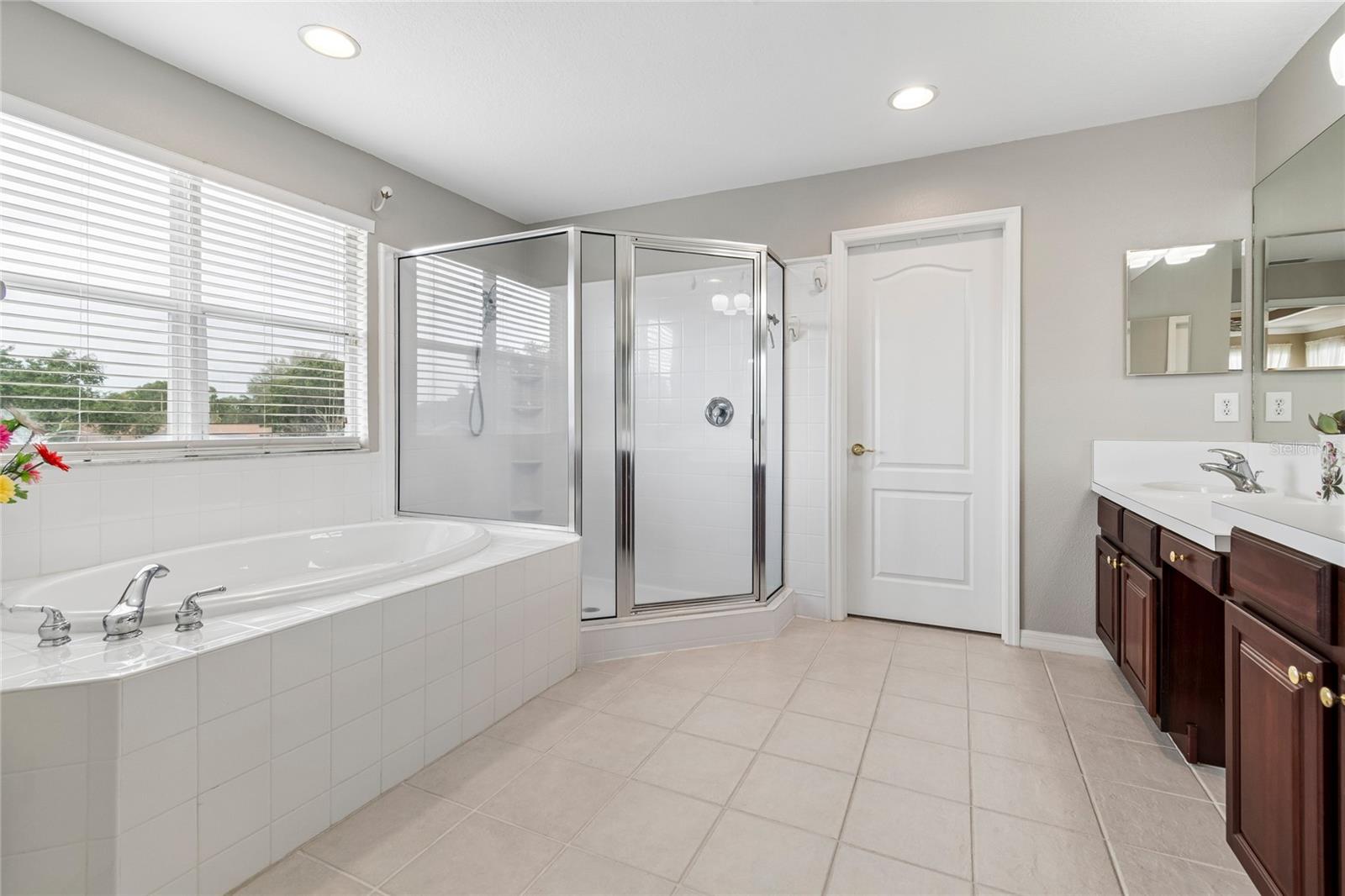 The spacious ensuite bathroom boasts plenty of natural light, garden tub, huge shower, double vanity and double closets