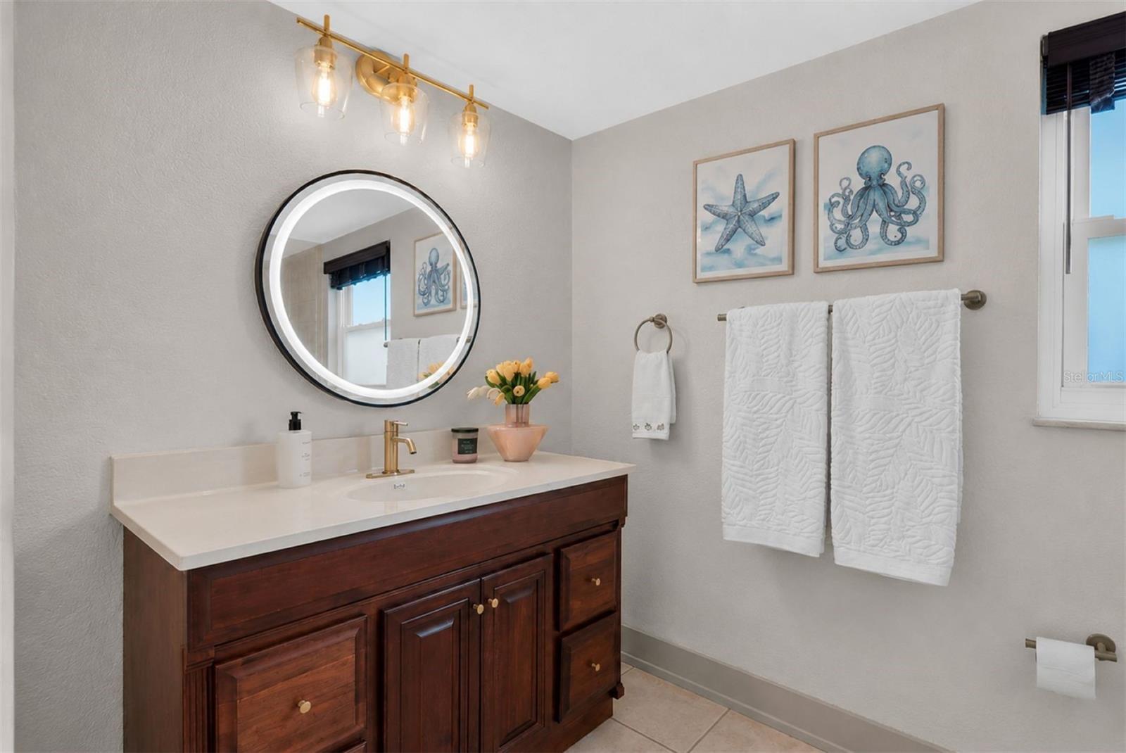 Updated primary bath with large walk-in shower and lighted mirror
