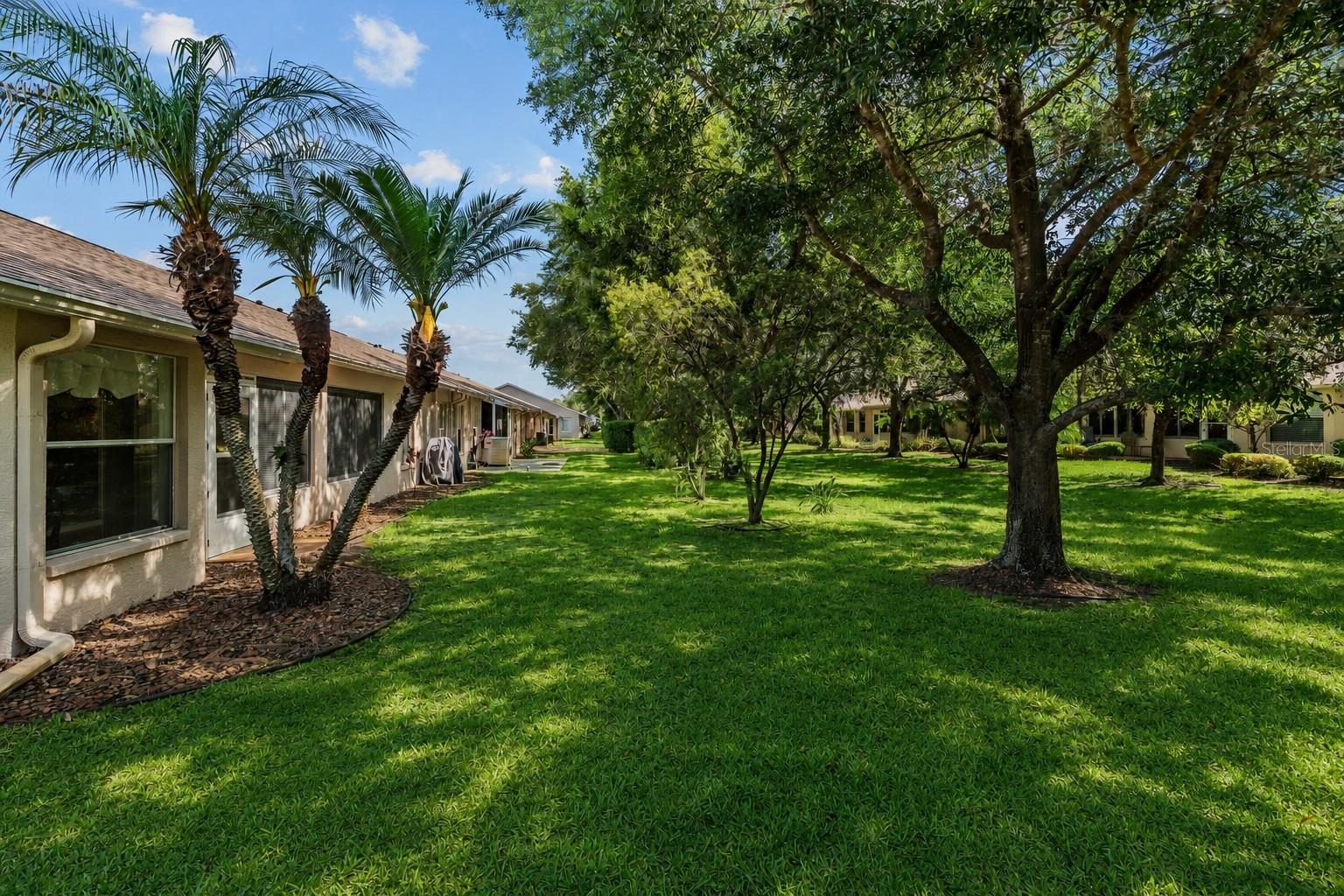 Mature landscaping in back for warmer days. Virtually landscaped grass