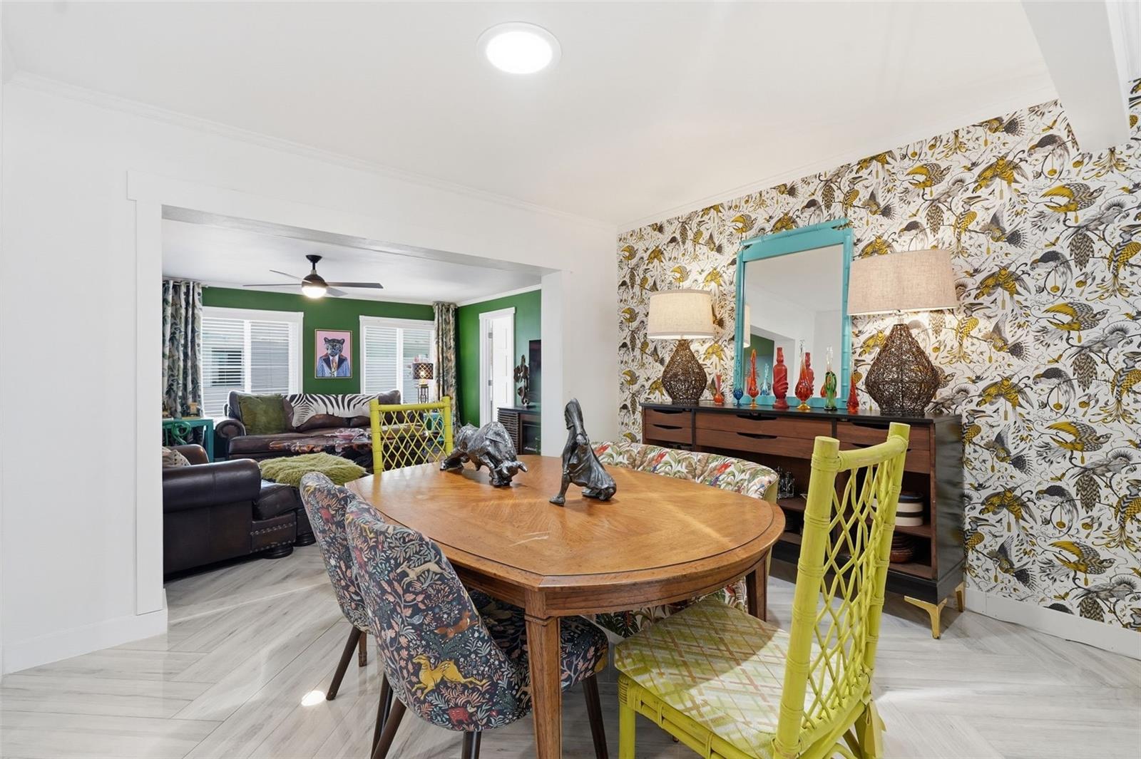 A skylight fills the dining space with natural light throughout the day.