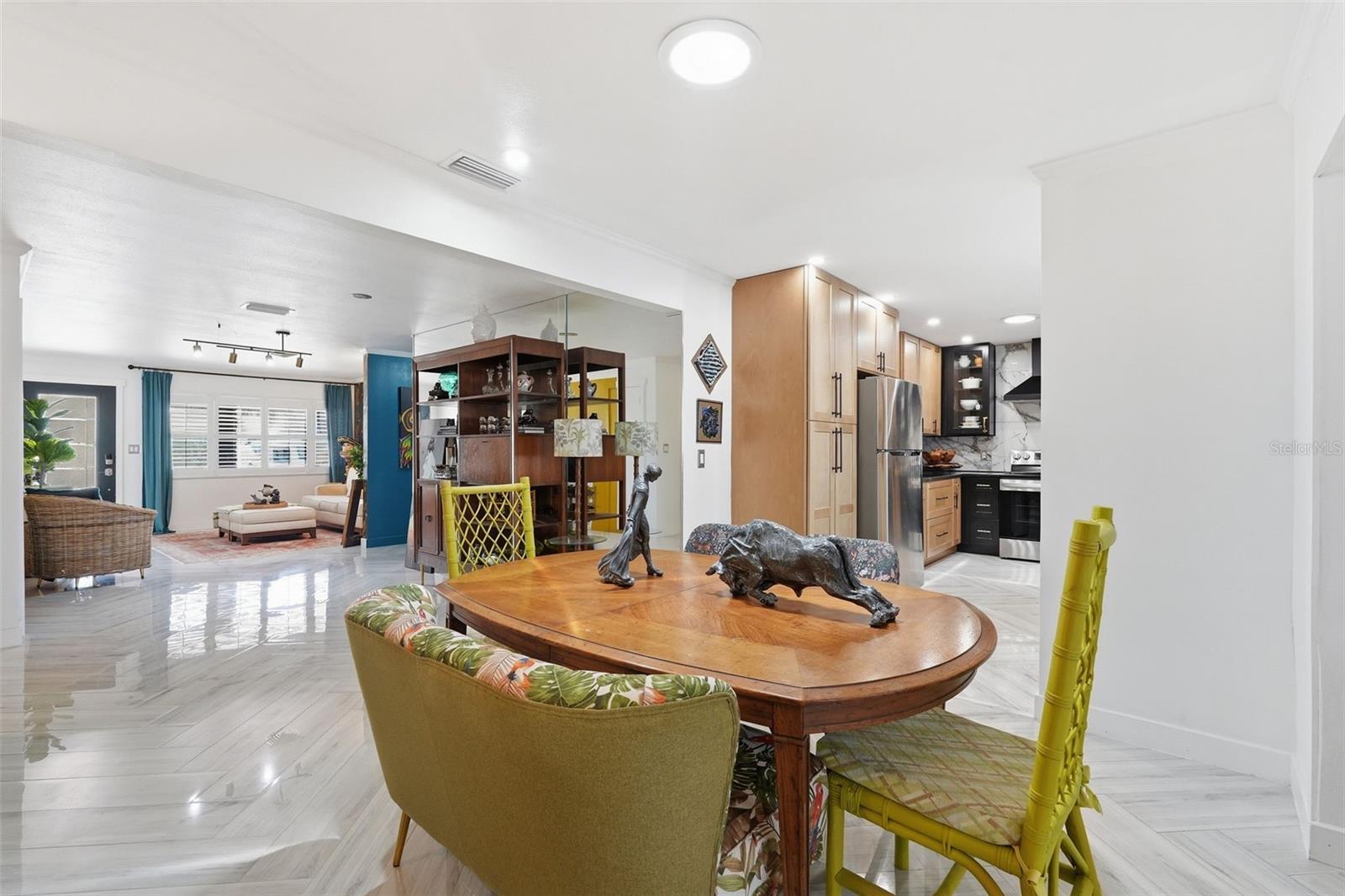 A skylight fills the dining space with natural light throughout the day.