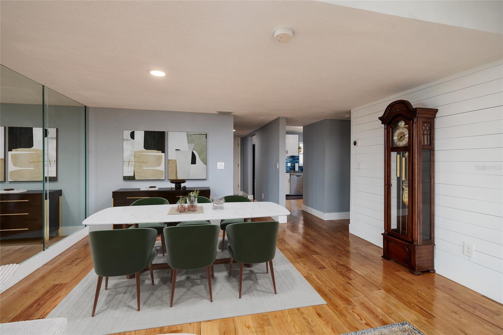 Virtual staged.  Dining area with access to kithrn