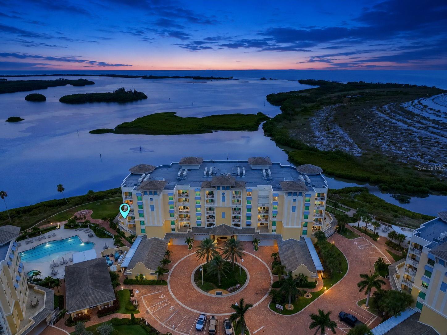 Aerial night view of the Collany Key building III.  Notice the arrow showing where this condo is located.