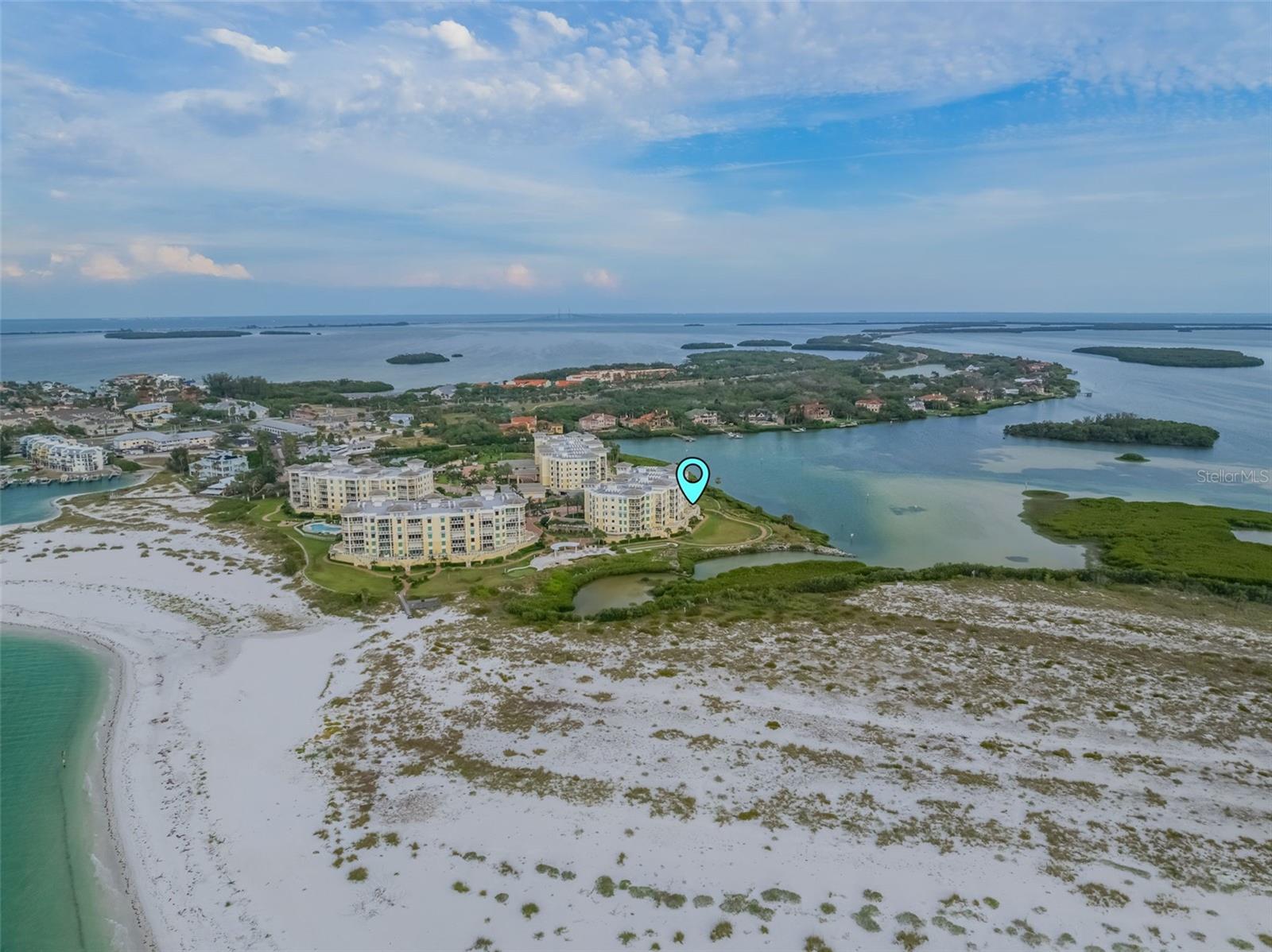 Aerial view of the 4 buildings in the gated community of Collany Key showing the location of this condo in building 3