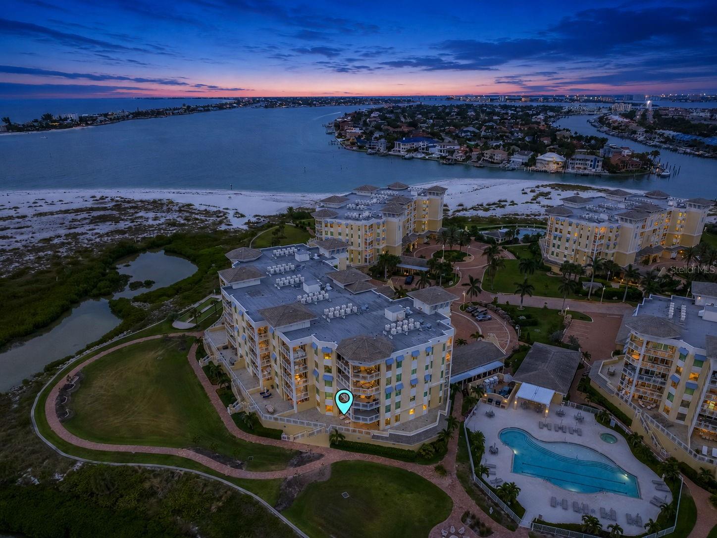 Closer aerial  view of unit 201.  This is a corner unit with a huge wrap around balcony