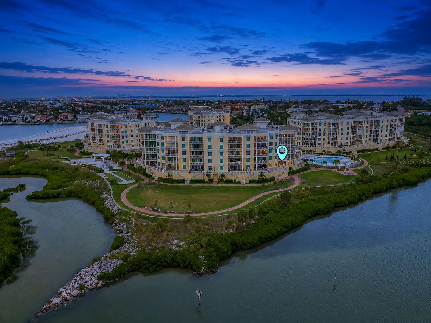 Aerial night view of the back of the building