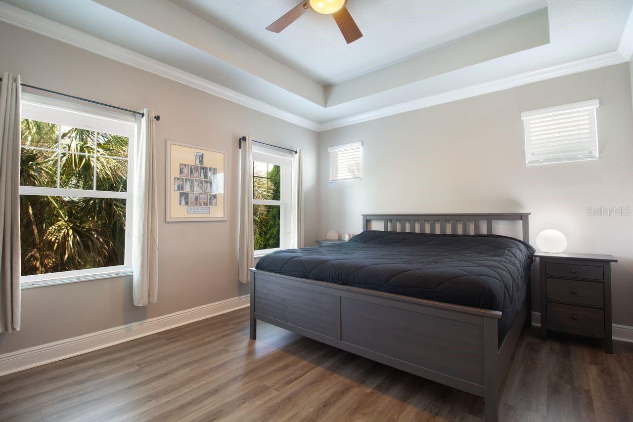 Primary bedroom features tray ceiling