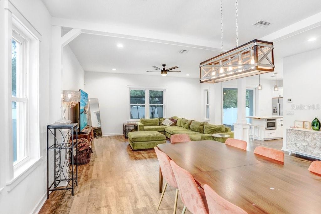 Back view of dining area and living room